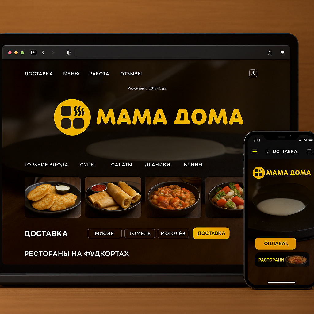 Сайт для сети ресторанов Мама Дома - главная страница с каталогом меню